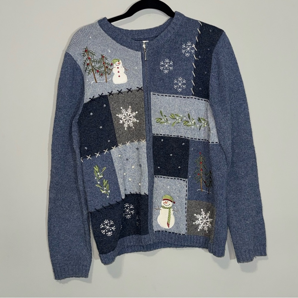 Croft & Barrow Womens Medium‎ Blue Snowman Snowflake Patchwork Zip Front Sweater